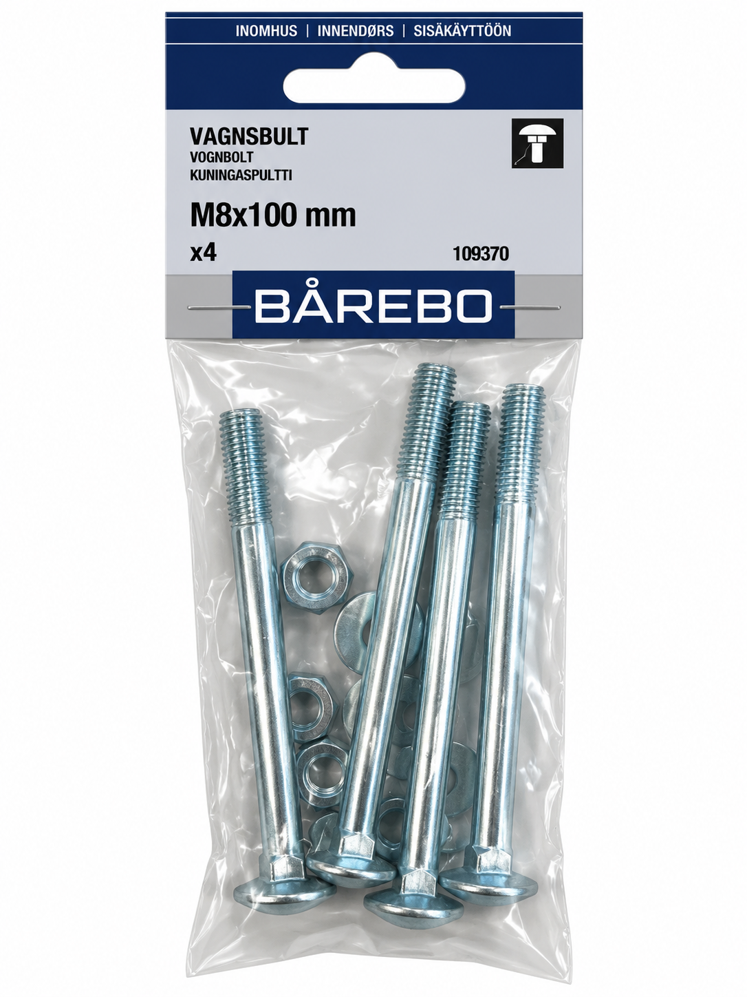 4 slotbouten (wagenbouten) van BÅREBO, maat M8 × 100 mm.