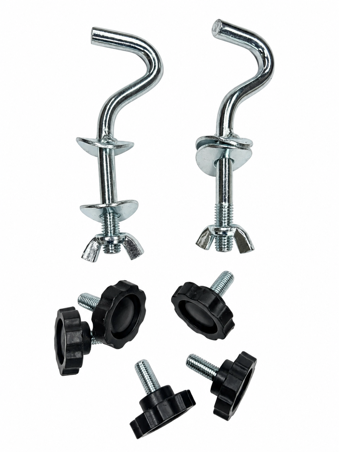 metalen S-/haakhaken met verstelbare klembevestiging, plus zwarte sterknoppen met schroefdraad